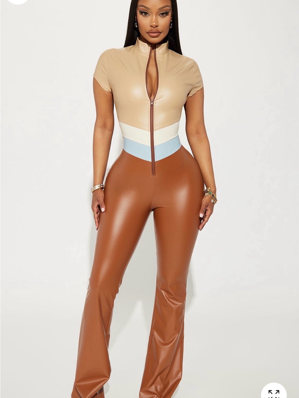 Fashion Nova Tan, Cream & Light Blue Colorblock Faux Leather Jumpsuit